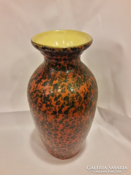 Old retro red orange black yellow glazed lake head ceramic vase original label marked flawless b