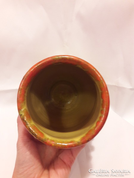 Régi retro piros narancspiros sárga mázas Tófej kerámia váza jelzett hibátlan ritkább forma B