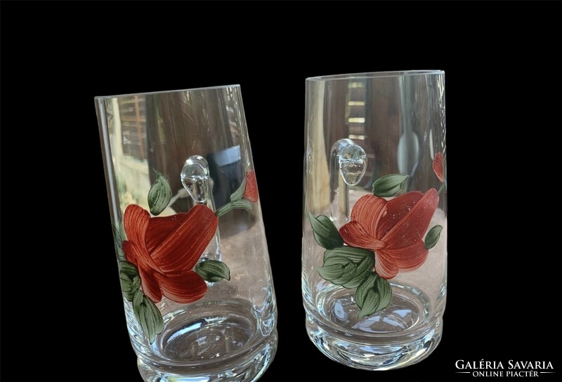 Salgótarjáni rózsás üveg füles korsó, pohár, 2 db. 13,5x6 cm. 2.800/db.