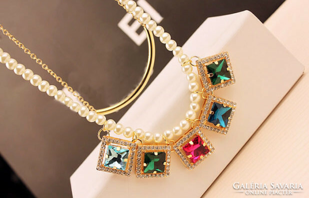 - 1000.- HUF 2-row cage colored zirconia pendant necklace with pearls, special and very showy.
