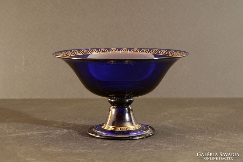 1920. Carl rehm art deco glass pedestal serving bowl cobalt blue bowl gold decoration flawless 13.5x8.5 moser