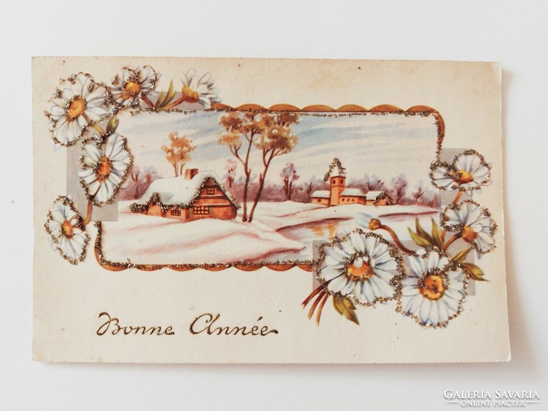 Régi karácsonyi képeslap 1944 levelezőlap havas táj margaréta
