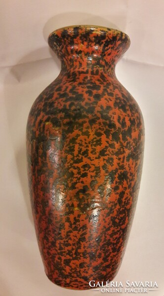 Old retro red orange black yellow glazed lake head ceramic vase original label marked flawless b