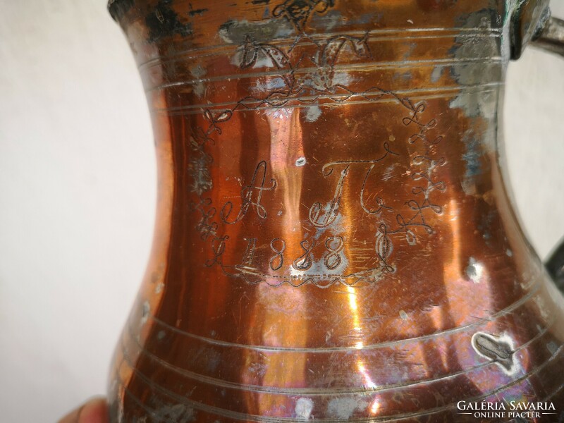 Antique 1888 red copper jug with handle, hand hammered19. Century!