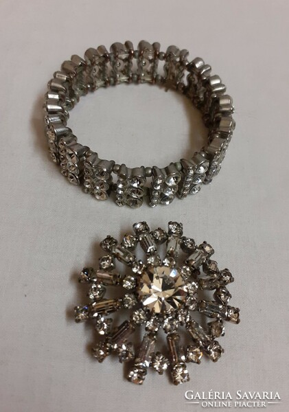 Old white polished set rhinestone bracelet with attached brooch and earrings in one