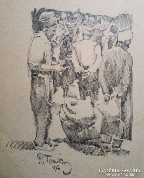 Brilliant pencil drawings (2 pieces) by Tomič Rajko (1905-1988) - shepherds with lambs, village life