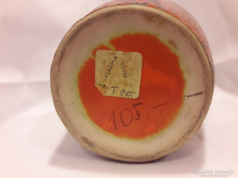 Régi retro piros narancs fekete sárga mázas Tófej kerámia váza eredeti címke jelzett hibátlan B