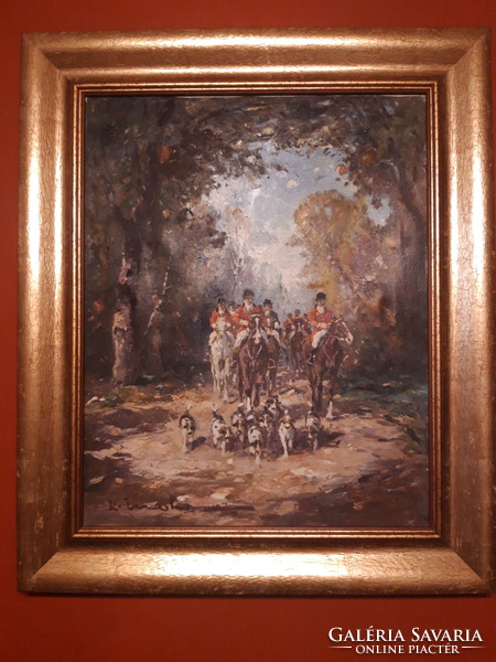 Karl Mohr (1922-2013)- Düsseldorf - Vadászat - c. festménye - 50 cm x 40 cm