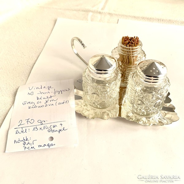 Régi só szóró bors szóró fogpiszkáló tartó készlet fém borostyán levélen, készlet 70-es évekből