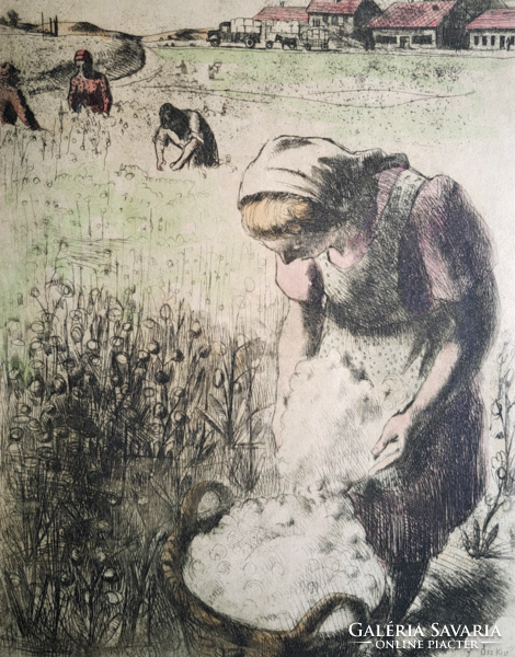 Work on the fields (1950 colored etching, full size 40x30) autumn kiss mark, social real life picture