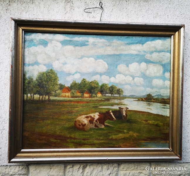 Antique at least 100-year-old landscape painting of cows in a beautiful condition. Olgyay ferenc, Edvi illès aladàr style