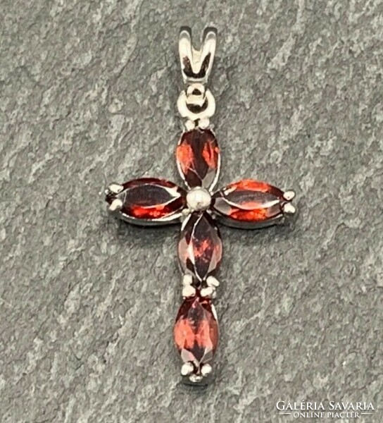 Genuine Natural Garnet Gemstone Cross Pendant, 925 Marked