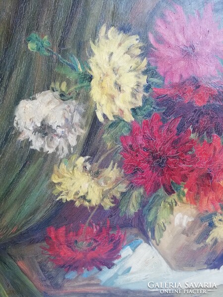 Chrysanthemums large floral still life oil on canvas marked circa 1930