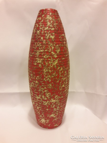 Old retro red yellow grizzled glazed ribbed pond head ceramic cigar vase marked flawless b