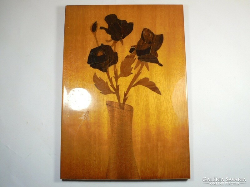 Retro régi rózsa virág mintás virágos intarzia fali kép akasztható kép fa munka intarziakép