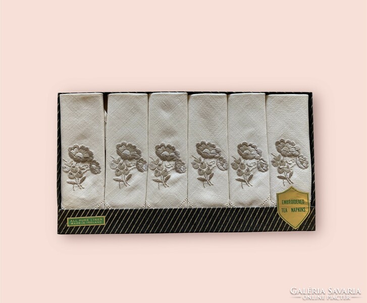 Old embroidered linen napkins, never used, in a box of 6 pcs. Made in ireland