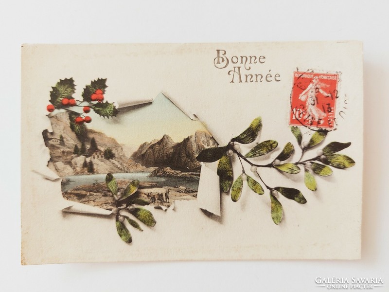 Régi karácsonyi képeslap levelezőlap tájkép fagyöngy
