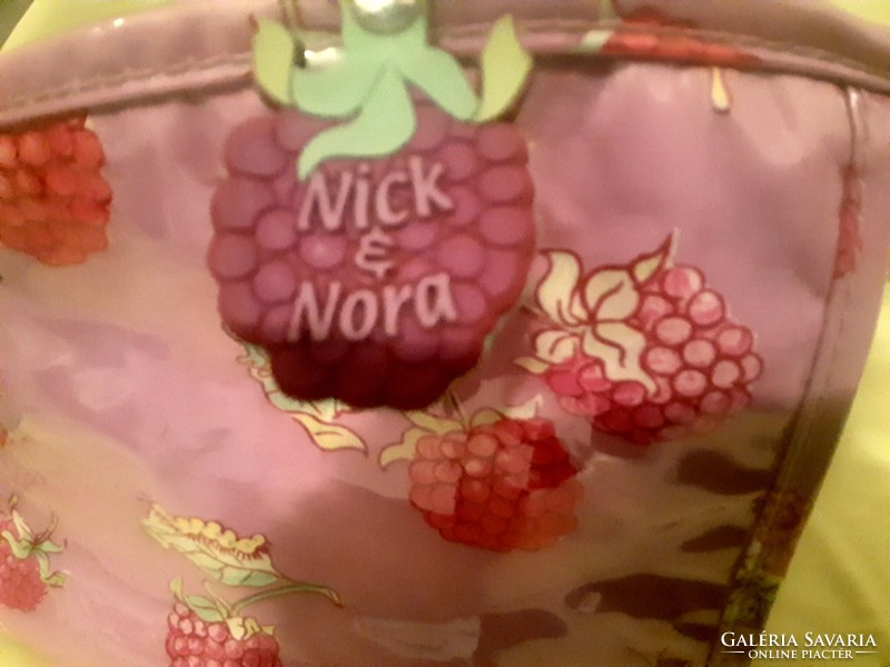 Lila-rózsaszín, piperetáska, szitakötő, madár, málna mintás neszeszer, Nick és Nora márka