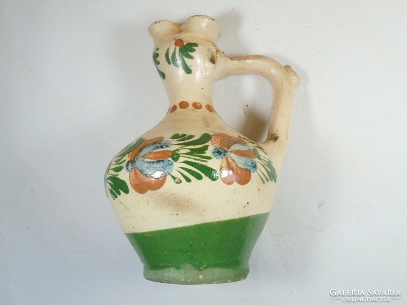 Retro old folk folk art colorful glazed painted ceramic jug with lugs bait jug