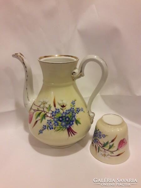 Antik muzeális bieder kézzel festett teás kávés kiöntő kanna csésze aranyozott nefelejcs és virág B