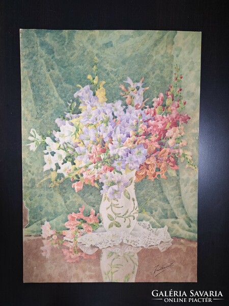 Virágcsendélet - csodaszép régi akvarell! Zolbainé (?) jelzéssel, női festő - méret: 60x43 cm