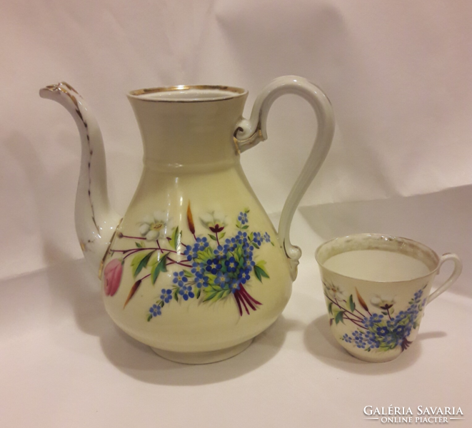 Antique museum bieder hand-painted tea coffee pouring pot cup gilded forget-me-not and flower b