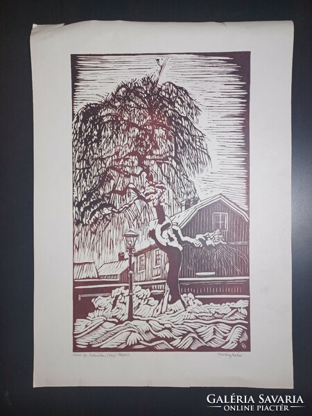Tavaszy Noémi: Havas fa kalmárban, linóleummetszet, 1993, teljes méret 43x61 cm