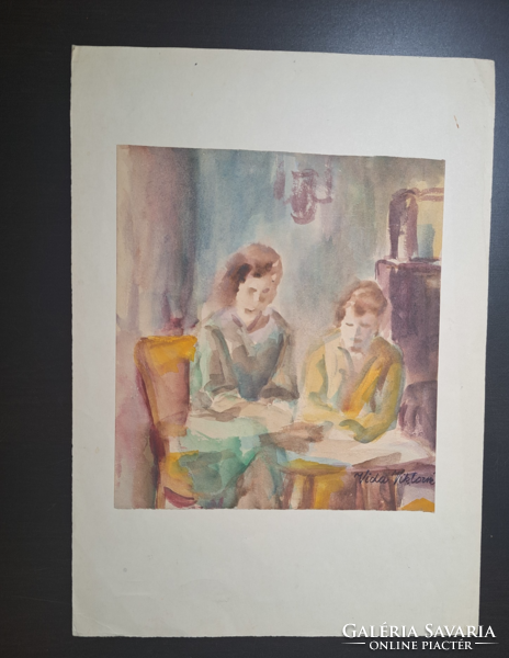 Sitting at the table (watercolor) intimate picture of life - mother and child studying together? Viktor Vida