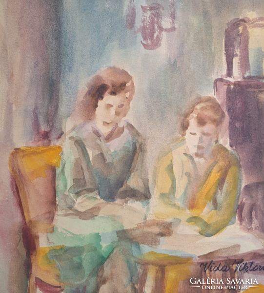 Asztalnál ülve (akvarell) meghitt életkép - anya és gyermeke együtt tanulnak? Vida Viktorné
