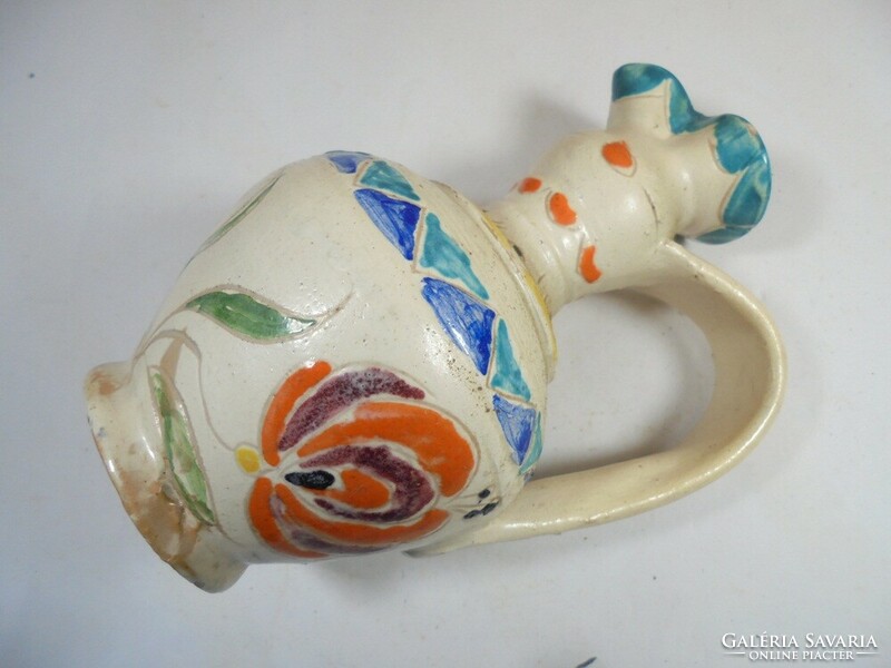 Retro old folk folk art marked colorful glazed painted ceramic jug with lugs bait jug