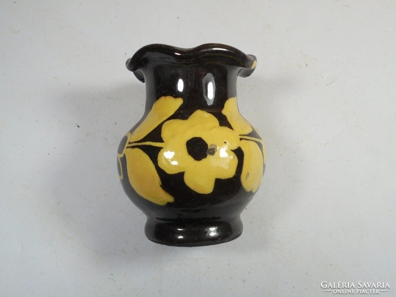 Retro old ceramic hand painted small vase with glazed flowers - 7 cm high