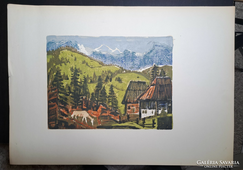 András Rác (1926-2013): Alpine cottages (colored linocut, total size 43x61 cm)