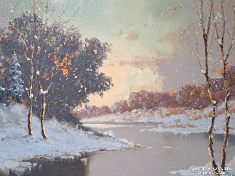 Winter landscape with a beautiful frame, oil on canvas, full size 62x73 cm, snowy landscape, Christmas