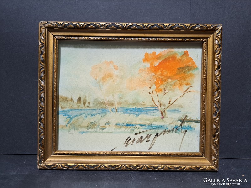 Vízparti táj fákkal - jelzett akvarell, teljes méret 20x16,5 cm, miniatűr