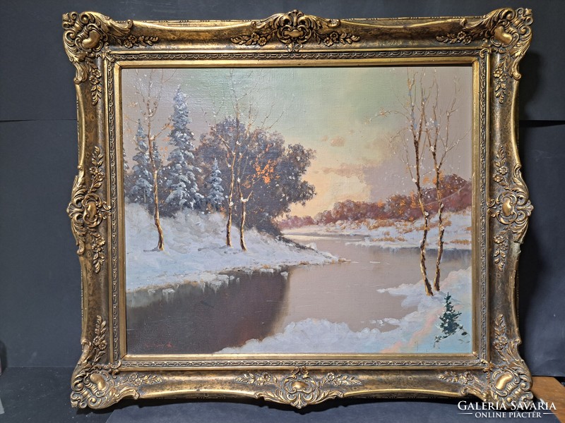 Téli tájkép gyönyörű  kerettel, olaj vászon, teljes mérete 62x73 cm, havas táj, karácsony