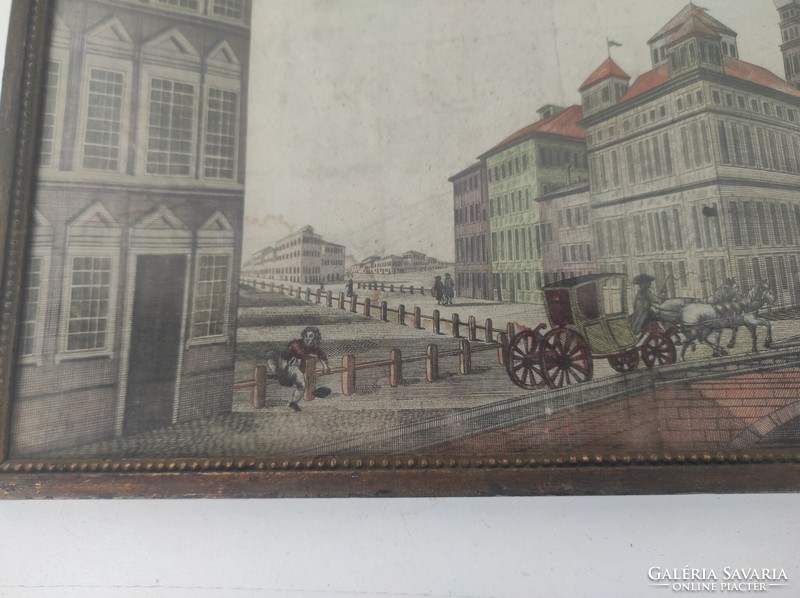 Antik metszet nyomat 18. század Augsburg színezett üveg alatt keretben 819 6336