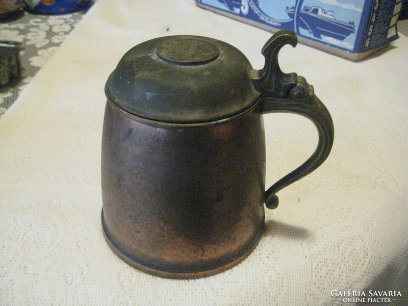 Antique Swedish beer mug, for collectors, made of red and yellow copper with a 4 skillings 1855 decoration