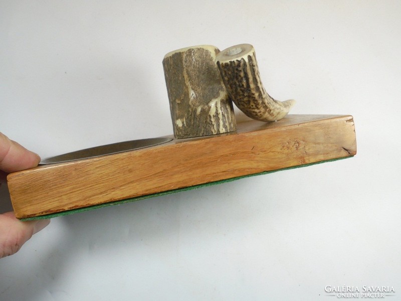 Retro régi faragott szarvas agancs asztali dísz fa talpon toll pipa tartó, tolltartó
