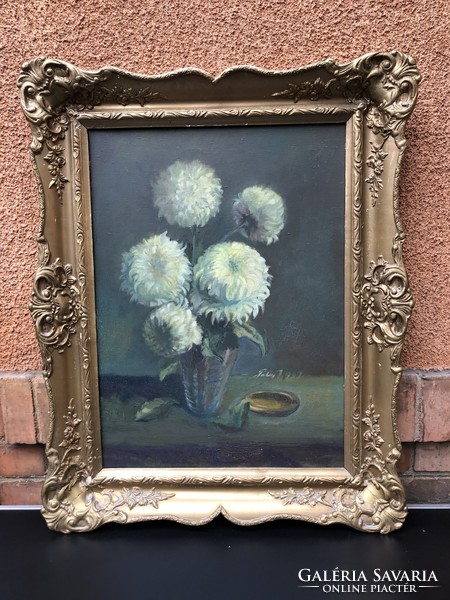 1959 chrysanthemum flower bouquet still life painting in a beautiful frame