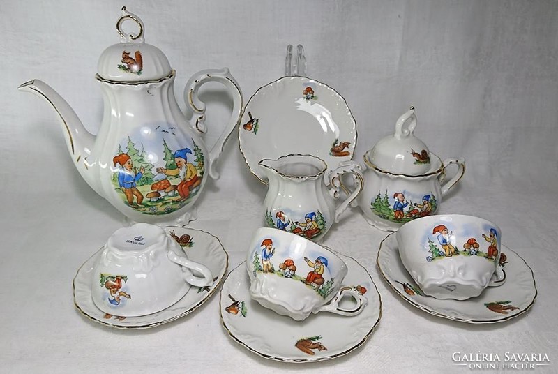 Mocha set with fairy tale characters in old Bavarian display case condition, bone white base color.