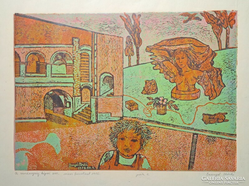 Benyó Ildikó (1946-): A reménység képei - szìnes fametszet (teljes méret 58x46 cm)