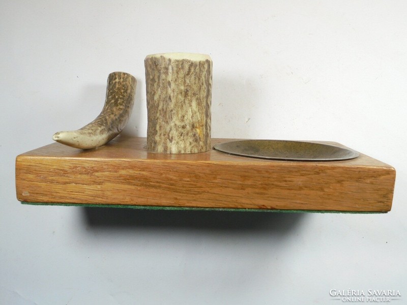 Retro régi faragott szarvas agancs asztali dísz fa talpon toll pipa tartó, tolltartó