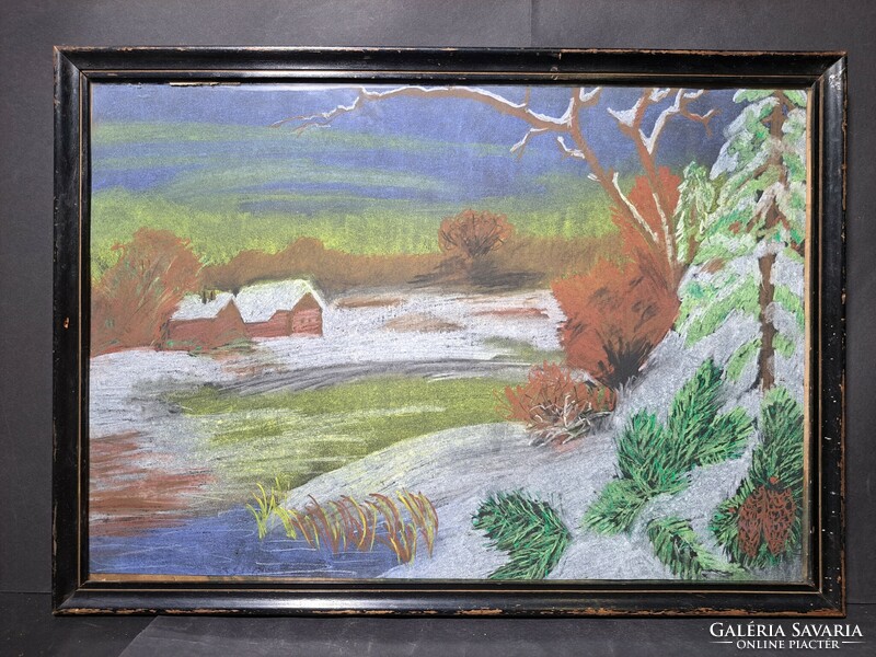 Cozy snowy, winter landscape with a cottage - pastel on black paper, full size 53x38 cm