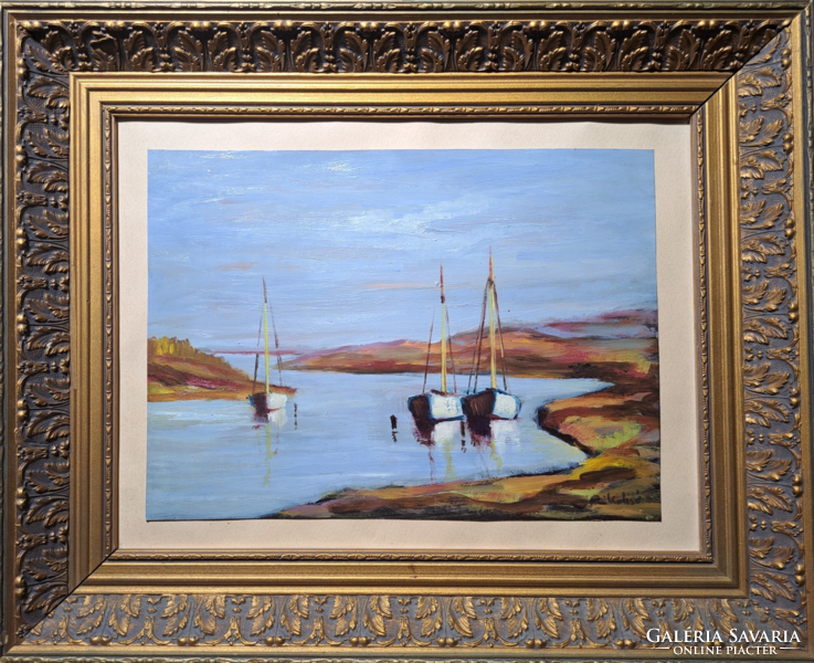 Balaton sailboats, sailing with a perfect frame (oil painting), water landscape
