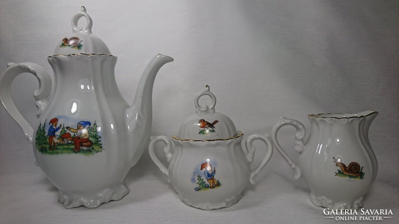 Mocha set with fairy tale characters in old Bavarian display case condition, bone white base color.