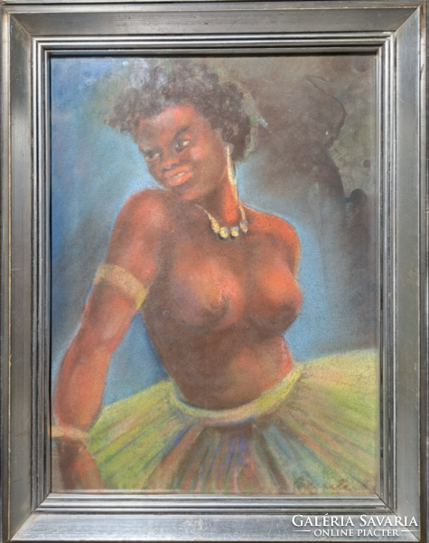 Táncosnő akt (pasztell, szép kerettel 37x47 cm) csodaszép afrikai, színesbőrű akt - ritkaság!