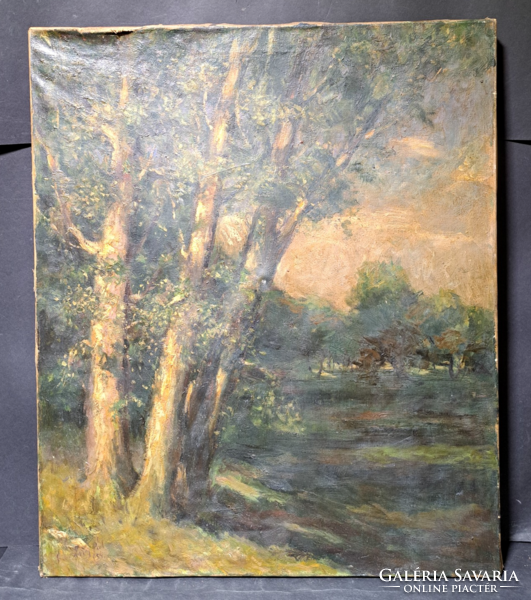 Pál Szilvássy - oil on canvas landscape 60x50 cm, 1954 (a serene landscape with trees, play of light and shadow)