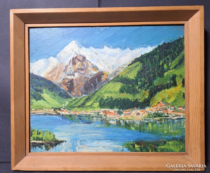 Alpine village (oil painting, size 35x30cm with frame) can be sea, mountains, Austria or Switzerland