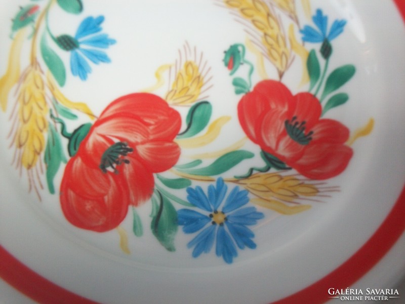 Red poppy pattern on hand-painted porcelain wall plate with cornflowers and ears