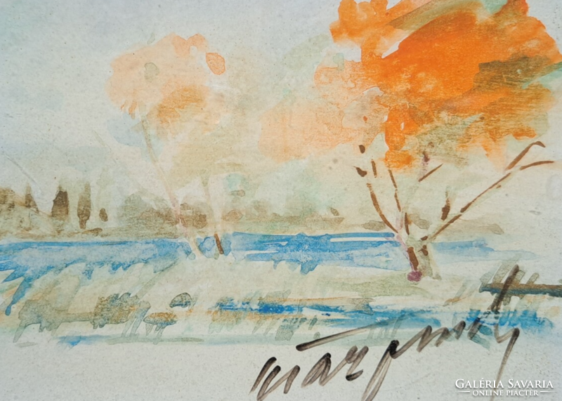 Vízparti táj fákkal - jelzett akvarell, teljes méret 20x16,5 cm, miniatűr